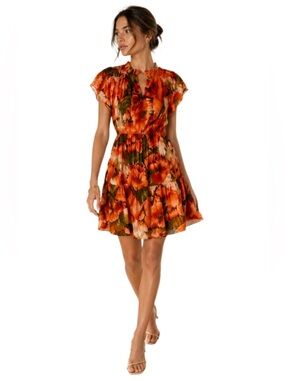 Marie Oliver Orange Floral Silk Blend Mini Dress Size S